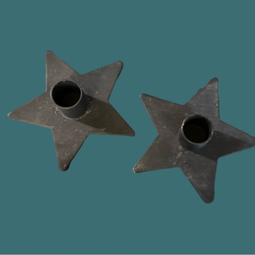 Pair (2) Of Distressed Star Candle Holder in Black Wrought Iron